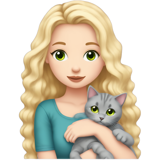 A hot pale girl with long blonde curly hair and green eyes, wearing a pink top and ripper blue skinny jeans, hugging a cute grey british shorthair cat with orange eyes