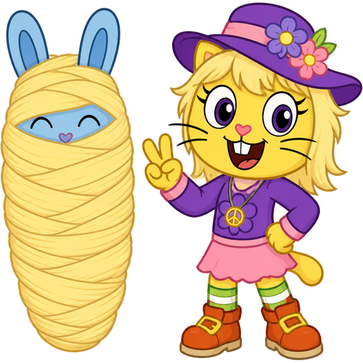 1 blue rabbit with black underwear getting wrapped up by furry yellow cat anthro with purple eyes whiskers blonde hair purple and pink florist hat and purple florist outfit green and white socks and red orange boots with buckles light pink skirt peace sign necklace with blonde hair 2 blonde hair cocoon shaped like blue rabbit completely covered with blonde hair cocoon like mummy front view next to furry yellow cat anthro with purple eyes whiskers blonde hair purple and pink florist hat and purple florist outfit green and white and red socks orange boots with buckles light pink skirt peace sign necklace happy tree friends version
