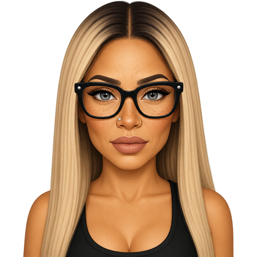 40 year old latina baddie with slightly full lips a slight bumpy nose slim face cheek bones with dark freckles across the nose and almond shaped bright LIGHT GRAY colored eyes lashes with a nose ring piercing fair skin with freckles across nose with shiny nose stud and very long straight blonde hair and dark roots parted in the middle serious and large black glasses wearing a black tank top