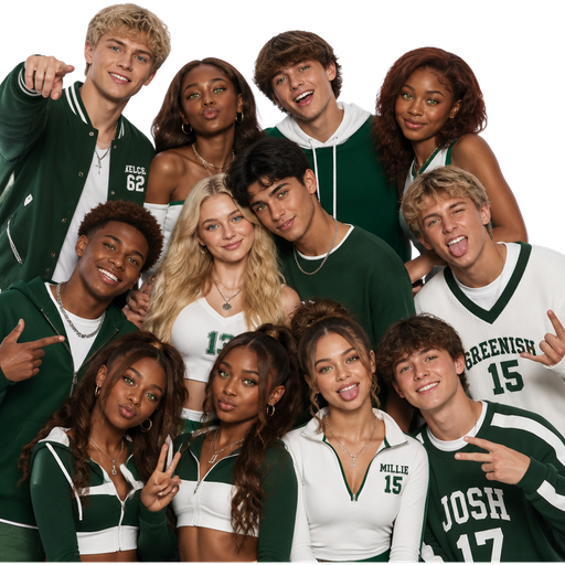 If there was a famous teenager friend group with these people Cami Kelce (13) (white) blonde hair blue eyes funny sweet sassy cute pretty Marco Coleman (14) (black) brown hair brown eyes funny stupid cool sweet Noah market (15) (Mexican) black hair green eyes cool strong silly jokey Mia lzzy (14) (black) brown hair brown eyes funny cool additud twins with Justin pretty Justin lzzy (14) (black) brown hair brown eyes funny cool strong sassy Jonathan greenish (15) (white) blonde hair brown eyes cool sweet strong silly stupid Millie brown (15) (mixed) brown hair green eyes cute silly smart sassy Cole Kelce (16) (white) blonde hair blue eyes cool funny jokey protective of Cami when it comes to boys and outfits Julia (16) (black) brown hair green eyes she’s funny sweet and jokey too Josh (17) (white) brown green hair brown eyes funny kind stupid jokey Zoe (16) (black) brown red hair green eyes sweet funny pretty have them wearing green and white outfits but different designs and have Noah be right by Cami and have them all posing for a photo shoot for the profile picture