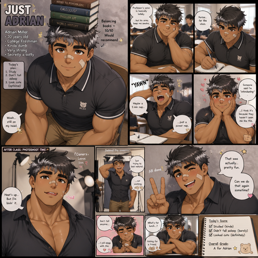 A Full page Anime Comic book story about of a masculine and Bulky ANIME Cute Bara Man American 20 year old with a ROUND and BASIC facial structure and TENAGE BARA CUTE MALE not to detailed With bigger than average Pecs that are visible through the shirt and Biceps and a big Bandaid on his nose and Left Cheek and Right Eye brow. Wearing a no piercings Baggy Cute and Perfect sized Polo shirt and Shorts and Darker Gray Hair and Bright White Hair Tips and Strait with brown eyes and black eyebrows. Sitting down with his head still and his eyes looking up at you with a Hot, Cute and Dreamy smile And Balances Books on his head and doing other cute and Hot stuff in classrooms and Licking his lips at a Photoshoot.