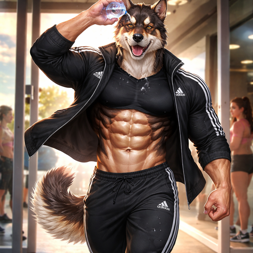 A Full Body and Facial Image of a Hunky and Chunky a Very Hot and Handsome German Shepard mixed with a Australian Shepard bara furry who is a Extremely muscular and Extremely Chiseled Body features Masculine and Handsome and Ginormous Arms and a Rounded Pecs very Short Strait Hair but tall and very lean with only a 8 pack. Wearing a Short Black Sleeved Adidas shirt and Adidas Jacket Over with tight Adidas Sweatpants Jogging Out of the Gym. Making Girls Blush. Dumping water on his head