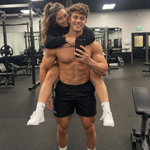 A Real life Full Body Image of a Tall and Buff and Bulky and a lot of meat on him and Tanner Skin and Brown Spiked haired and Blue Eyed High Schooler at the Gym. And Takes a Picture with his girlfriend on his back