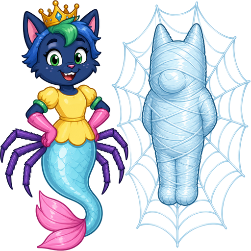smiling dark blue boy cat furry with green and blue hair wearing golden crown green braclets attached to pink long rubber gloves yellow dress tucked in a light cyan mermaid tail with white highlights with pink tail fins with purple spider legs on the left next to fully completely covered covered encased enveloped with ten layers of light cyan spider slik wrappings mummified and cocooned and webbed shaped like bluey heeler whole completely covered encased enveloped with ten layers of light cyan spider slik wrappings cocoon whole head whole body whole arms and whole legs completely covered wrapped up and mummified from head to toe in ten layers of light cyan spider slik wrappings shaped like whole bluey Heeler with arms behind back and legs bonded together completely covered encased enveloped in with ten layers of light cyan spider slik wrappings cocoon tightly with white highlights mummy shaped like whole bluey Heeler with arms behind back and legs bonded together completely covered encased enveloped with ten layers of light cyan spider slik wrappings cocoon with white highlights tightly in a light cyan spider web on the right