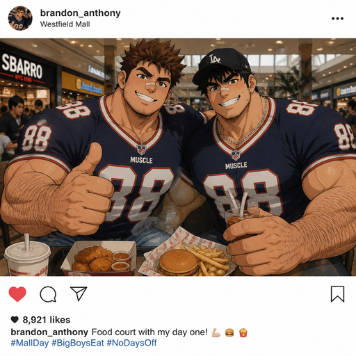 A REALISTIC AND LIFELIKE Comic Book long Story of a Bulky but Muscular ANIME Cute Bara Man With Peach toned skin Who looks Normal and a huge and Masculine round facial Structure and Basic facial structure With Puffy and Big Pecs that are visible through the shirt and Biceps and Bandaid on his nose and Brown Spiky hair and His Hair Curls At the tip of strands. Wearing a baggy football jersey and Jeans and he has a Hairy body. And has HUGE Hands and MASSIVE arms and looks HOT with his friend (that looks like him but Black instead of brown hair and Has A Chain on and Baseball hate and is also Peachy skin). A picture taken of him with His friend at the Mall about to eat some food looking HOT AND IRRESISTABLE and post it’s on social media