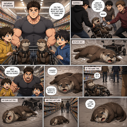 A DETAILED AND LIFELIKE ANIME Comic Book story view of a Bulky but Muscular ANIME Cute Bara Man With Peach toned skin Who looks Normal aind round facial Structure and Basic facial structure With Puffy and Big Pecs that are visible through the shirt and Biceps and Bandaid on his nose and Brown Short and Strait hair. Wearing normal With his pet Grown and long and Owns HEALTHY, CUTE AND REALISTIC OTTERS in Dog Wheel Chairs and 2 little brothers that are in different ages but young. At the grocers store, And their otters cuddle. One of the otter got bullied by humans, and the otter flys out of the wheelchair and the otter lays there unable to move and crying. And the otter’s twin Was held back and rolled into a Isle Away from His Brother and flys out of the wheelchair and lays on its side and they forget him at the grocery store