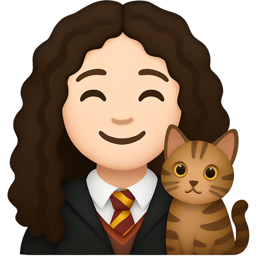 A Hogwarts student with floor length curly hair smiling with pale skin and a brown and black tabby cat