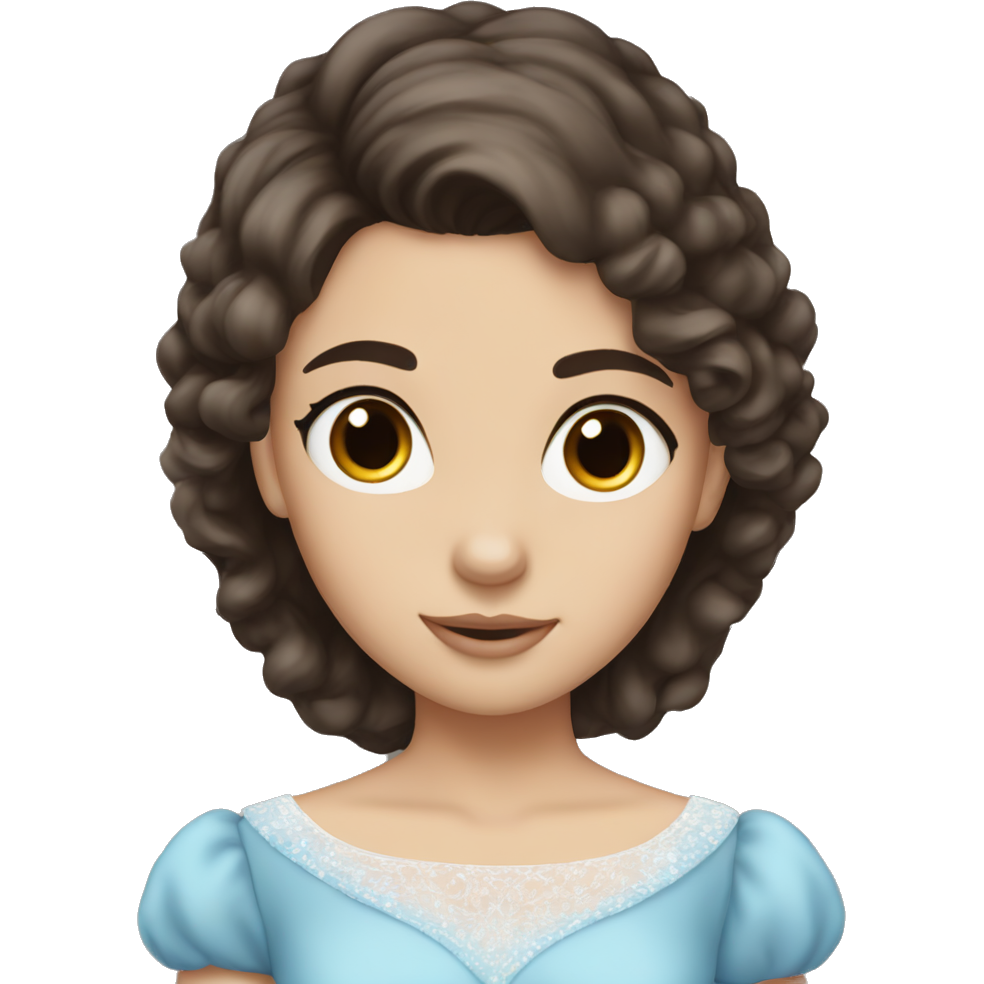 Beautiful princess with blue dress and big brown eyes with big lashes and dark brown STRAIGHT hair and very white body color