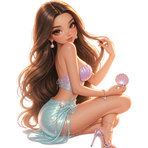 semi-realistic soft cartoon luxury glam, tiny plush Bratz-doll aesthetic, cinematic glow, crisp clean detail, glossy glam skin. brown eyed Petite 5ft girl, fair skin with soft freckles, wide face with tall forehead, honey-brown almond wide-set upturned eyes, fluttery lashes, shimmer highlight, plush lips, bottom heavy lip, sweet Belle-princess vibe, long straight brunette hair with visible caramel highlights, wearing a sexy mermaid-inspired outfit with a lavender seashell-textured crop top, an iridescent aqua low-rise mini skirt with a slit, pearl drop earrings, shell bracelet, strappy heels, hair in huge long waves, sitting sideways and looking over her shoulder while holding a seashell or twirling a strand of hair with flirty siren energy