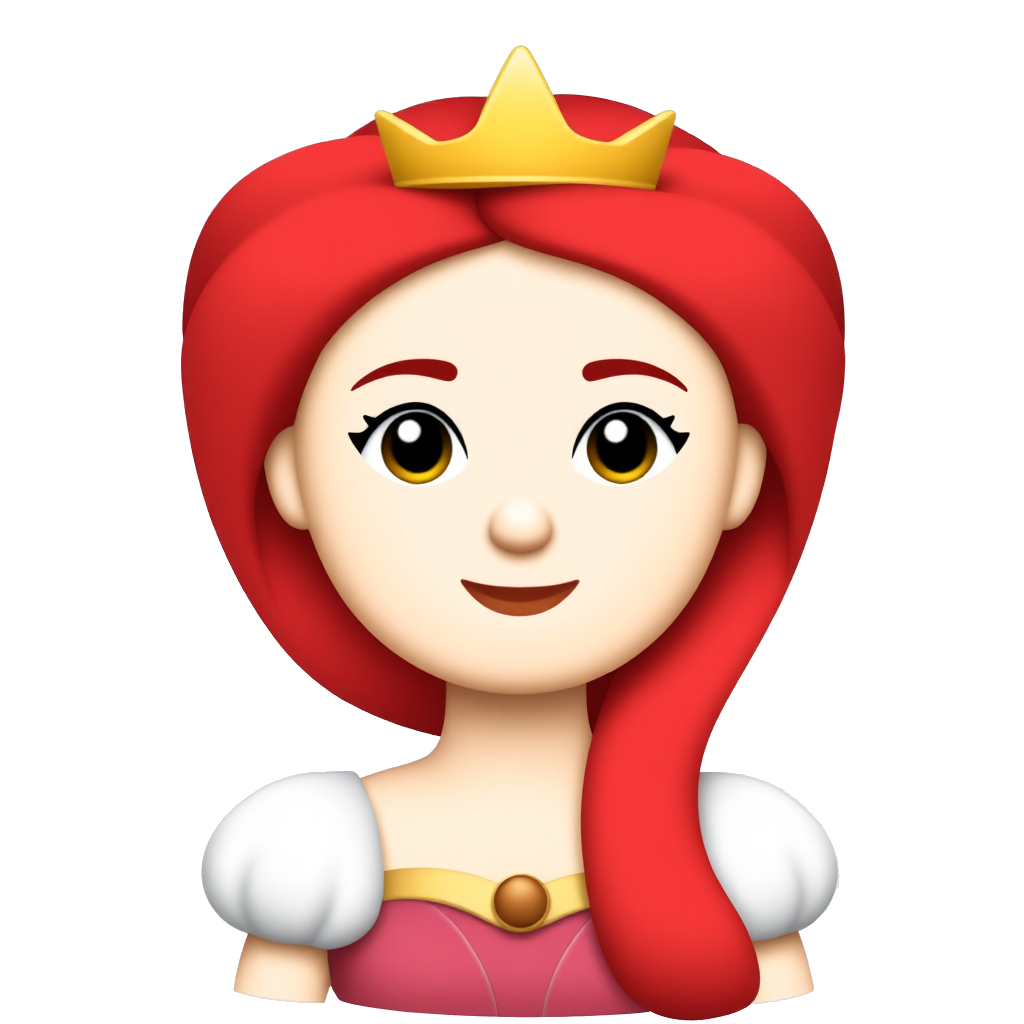Create an emoji-style queen with bright red, long, straight hair, a small crown, and a simple, clean face with soft features. The design should resemble the classic princess emoji 👸🏻, with the same rounded, playful style, but with red straight hair instead of black.