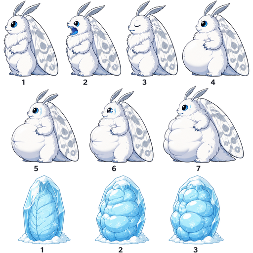 (1 giant snow moth furry idle side view) (2 giant snow moth furry side view with a blue mouth open wide side view)(3 giant snow moth furry side view with a blue mouth closed and eyes closed side view) (4 giant snow moth furry full belly mouth closed side view)(5 giant snow moth fat bulging inwards side view)(6 giant snow moth furry full belly bulging inwards squeezing inwards side view) (7 giant snow moth furry full belly squeezing outwards with bulges side view) (1 ice snow frozen cocoon)(2 ice snow frozen cocoon bulging with squeezing inwards) (3 ice snow frozen slikworm cocoon bulging tightly with squeezing inwards bulges tightly)games sprites (cute cartoon clipart style)