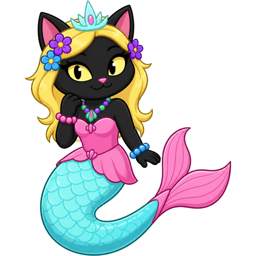 black cat with light yellow hair purple and blue flowers light cyan crown purple and green necklace pink and blue bracelets pink dress attached to long light cyan mermaid tail with pink tail fins based on sorket the cat naga