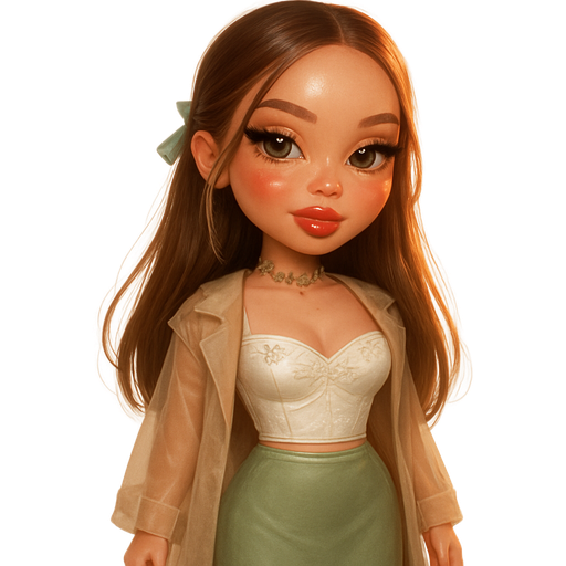 luxury glossy bratz-doll romantic aesthetic, warm cinematic glow, crisp clean detail, glossy glam skin. brown eyed Petite girl, fair skin with soft freckles, long wide face with tall forehead, honey-golden almond wide-set upturned eyes, fluttery lashes, shimmer highlight, plush lips, bottom heavy lip, sweet Belle-princess vibe, long straight brunette hair with visible light blonde highlights, softly defined feminine body, soft hourglass shape with full round bust, strawberry juice glistening at lip corner, crop top of luminous cloud-white satin embroidered with lace floral vines climbing along bustline, sage green maxi skirt, sheer trench coat falling off shoulders, white strapped heels; hair slightly curved at ends, hair at temples tied back with sage ribbon, catching fractured reflections of rose light; coral cheeks glowing faintly, glossy berry-tinted lips, dainty sage and blush floral choker. Cozy romantic glow, soft warm lighting, pop-princess energy