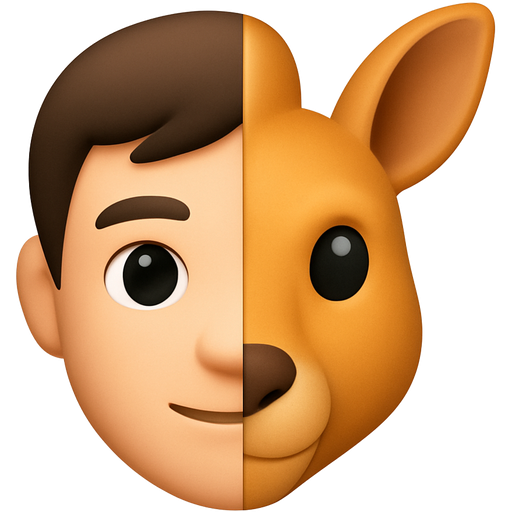 An Apple iPhone emoji–style split-face avatar. Left half shows a young man’s face as an iOS emoji. Right half shows a kangaroo’s face as an iOS emoji. Perfect symmetry, matching lighting and emoji texture. Smooth 3D emoji shading, rounded shapes, neutral background. Designed to look exactly like native Apple emojis. Centered and optimized for a Telegram avatar. No text.