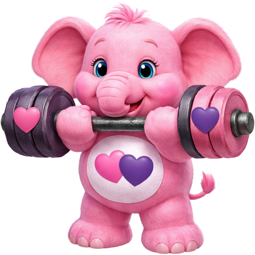 Lotsa Heart Elephant Care Bear with an old iron imperial hand weight and a heart on each side with on one sides of the imperial weights the color is dark purple and the heart is pink and on the other side of the imperial hand weight the heart is purple and the imperial hand weight is pink on its stomach