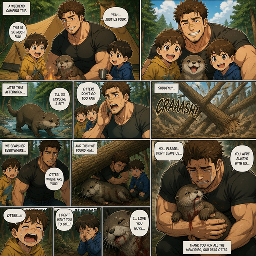 A DETAILED AND LIFELIKE ANIME Comic Book story view of a Bulky but Muscular ANIME Cute Bara Man With Peach toned skin Who looks Normal aind round facial Structure and Basic facial structure With Puffy and Big Pecs that are visible through the shirt and Biceps and Bandaid on his nose and Brown Fluffy and Strait hair. Wearing a normal clothes And with his pet and grown otter and 2 little brothers. And they went camping and The otter went to but went to go explore without anyone with him and then A tree falls and the They go find the otter and it’s over. The otter an his lat breathe and They cry