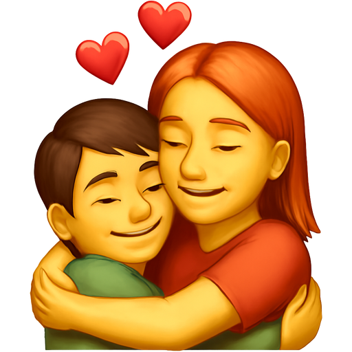 best friends hugging. with hearts above their heads. One has brown hair and is short the other has red hair and is tall. They don’t have bangs.