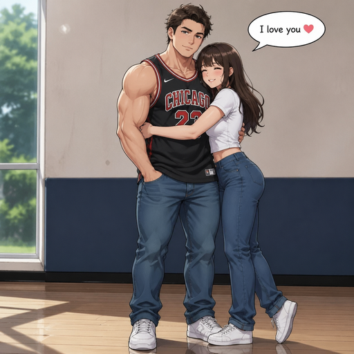 A Real life Full Body view of a Stubby but Muscular and more Muscle than Fat ANIME Man Who looks Normal and American with a round facial Structure and Basic facial structure With Puffy and Big Pecs and Biceps. Wearing a Tight Basketball Jersey and Jeans. With a Girl Hugging her and saying” I love you”