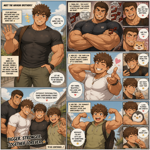 A Full Body Comic Book story view of a Bulky and hunky ANIME Cute Bara Man With Peach toned skin Who looks Normal and round facial Structure and Basic facial structure With Puffy and Big Pecs that are visible through the shirt and Biceps and Bandaid on his nose and Brown and fluffy hair. Wearing normal clothes. And the comic introduces each of his 3 Cute brothers and the oldest is the strongest and biggest of them each with different personalities and all Beefy and Hunky. And they each Act hot and cute