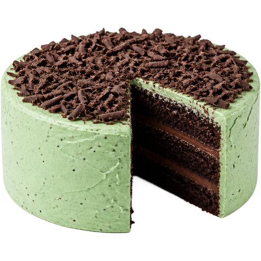 Whole Chocolate Mint Cake with Mint Buttercream on the Outside and Chocolate Shavings on Top with Chocolate Ganache