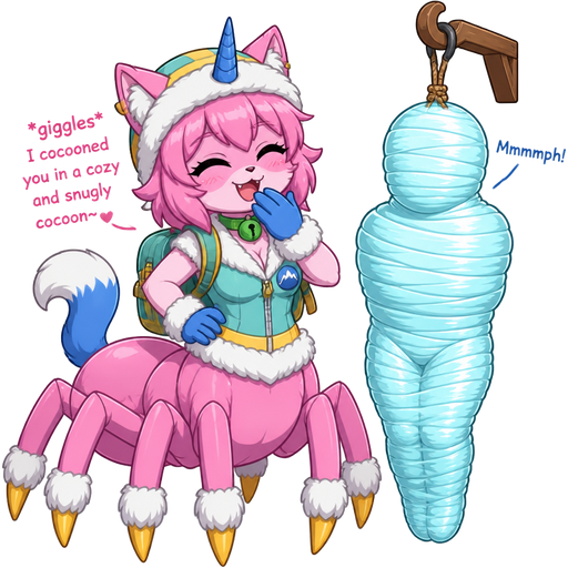 happy anthro femboy pink cat drider with blue and white tail white wrists blue hands white ankles yellow tips on spider legs green collar blue unicorn horn wearing everest's hat clothing with backpack *giggles* I cocooned you in a cozy and snugly cocoon next to wrapped up and mummified fully covered in a #B8FFFF spider slik cocoon shaped like boy in blue underwear arms behind back with #B8FFFF spider slik wrappings completely covered with thick layers non-transparent #B8FFFF spider slik wrappings Mmmmph! hanged to the wooden hook