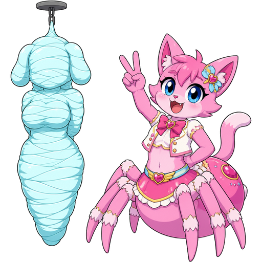 wrapped up and mummified fully covered in a #B8FFFF spider slik cocoon shaped like anthro female puppy anthro arms behind back with #B8FFFF spider slik wrappings completely covered with thick layers non-transparent #B8FFFF spider slik wrappings hanging on ceiling on left side next to a happy anthro femboy pink cat anthro drider hybrid doing victory sign smiling based on unikitty jewelpet sunshine version