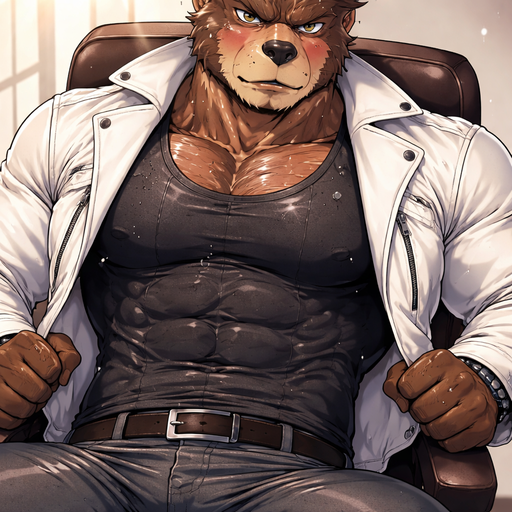 A Real Anime Full Body and Face Image of a Muscular and. VERY Masculine and handsome Bara Furry Bear with a wrestler type body dressed in A White Leather Jacket and Black Tight shirt under it. Blushing sitting in a Chair Drenched in Sweat leaning back and Grabbing the chair
