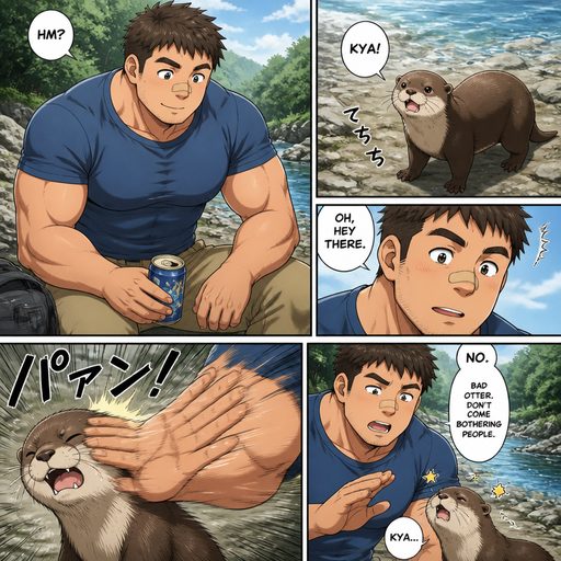 A DETAILED AND LIFELIKE ANIME Comic Book story view of a Bulky but Muscular ANIME Cute Bara Man With Peach toned skin Who looks Normal sincerely d round facial Structure and Basic facial structure With Puffy and Big Pecs that are visible through the shirt and Biceps and Bandaid on his nose and Brown short hair. Wearing normal clothes. And an otter comes up to him and a hand flies across it’s face. And the otter’s Tail Is gone
