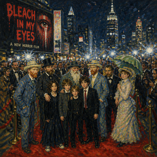 give me kids at a movie premiere for their new horror, movie bleach in my eyes and there’s an entire crowd around them and they are on the red runway with a big city view and they are with the most famous people