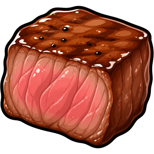 one cooked steak bite | pov: close-up + isolated + front-center | ghibli style + sticker-style + vector-cartoon + glossy cel-shading + bold smooth black outlines