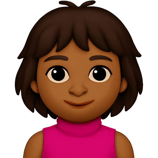 A brown girl with a hot pink dress with turtleneck and no sleeves she has shaggy dark brown hair with two little black lines on top of her hair