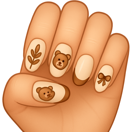 Brown leaf on one nail a brown teddy bear on one a brown French tip on one a brown bow on one and a one brown dog