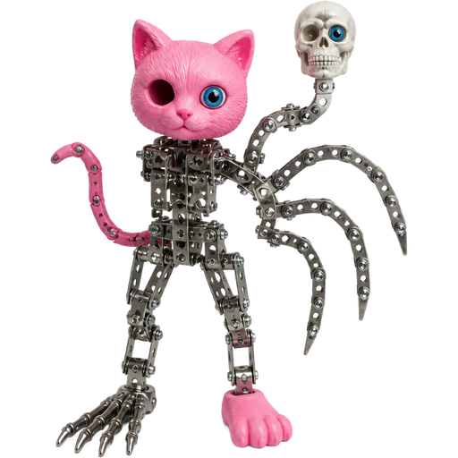 toy pink cat head one of the blue eyes are missing on left toy pink cat paws skeleton like body made of Erector Set pieces toy pink cat tail with robotic skull head with blue doll eye on left eye socket 3 spider like legs made of Erector Set pieces 2 endoskeleton feet 1 toy pink cat foot