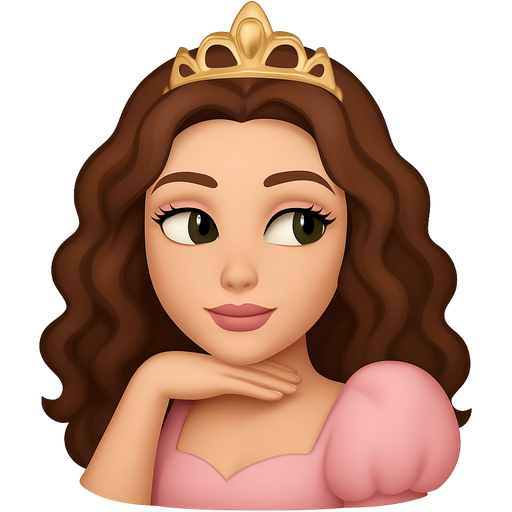 White Brunette wavy curly long hair girl hazel sexy green eyes eyelashes with light pink puff sleeve princess top and princess tiara back of hand flat under chin sexy look glance to side