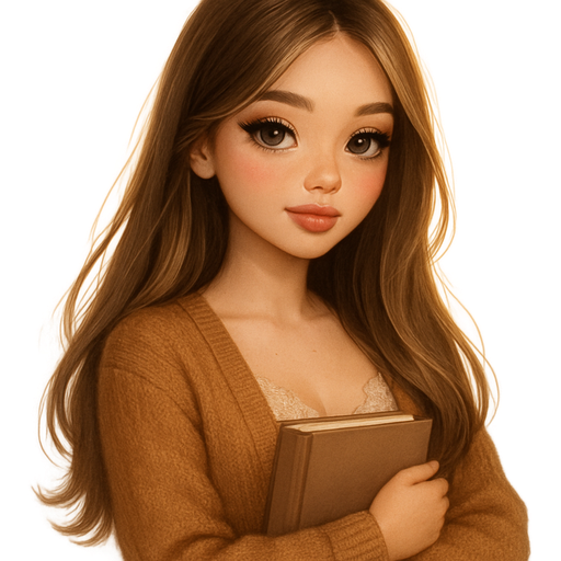 luxury glam-Bratz romantic aesthetic, warm cinematic glow, soft fairytale lighting, crisp clean detail, glossy doll-like skin, soft glowing blush, fluttery lashes, big honey brown almond eyes, plush lips, feminine delicate features, sweet princess vibe, soft glam makeup, gentle warm highlights in hair, dreamy whimsical softness, cozy romantic energy: petite soft feminine figure, soft-autumn tone, pale skin, soft freckles, round, full moderate bust, natural curves, soft natural body definition, straight long brunette hair with blonde highlights, caramel knit set, hugging book to chest, cozy cottage vibe, reading by window vanilla silky robe, lace chemise underneath, diffused warm light, brushing hair gently, pop-princess energy, shimmer highlight, sparkly glow