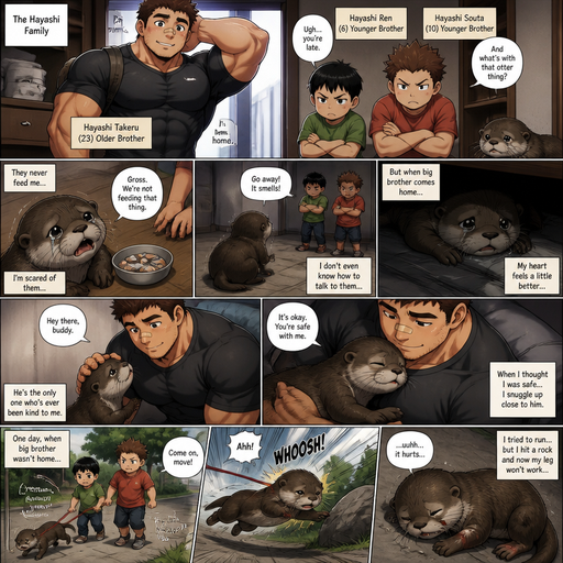 A DETAILED AND LIFELIKE ANIME Comic Book story view of a Bulky but Muscular ANIME Cute Bara Man With Peach toned skin Who looks Normal aind round facial Structure and Basic facial structure With Puffy and Big Pecs that are visible through the shirt and Biceps and Bandaid on his nose and Brown short hair that makes them look tough. Wearing normal With his pet Grown and healthy realistic otter and 2 little brothers that are in different ages but young. And they all don’t like the otter, and they Don’t feed the otter and it cries and Is afraid to talk to people when the big brother comes back but likes to talk to the big brother. then a when the otter thought it was safe he snuggled with the big brother. And one day when the big brother is gone the otter was on a leash on a a walk with the little brothers it is flies at a rock lays there and limps.