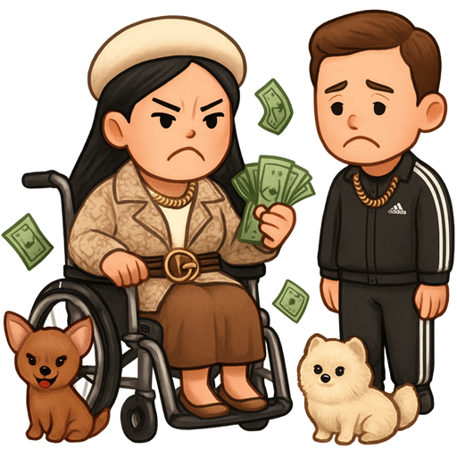 Asian woman in a wheelchair with lots of cash surrounded by tiny dogs and she’s on an air tank and mad. A sad man in an adidas track suit and a gold chain next to her. She’s wearing designer clothes
