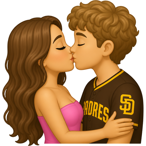 Long wavy hair Brunette white girl in pink strapless top kissing a white boy with light brown curls and SD padres shirt on the lips