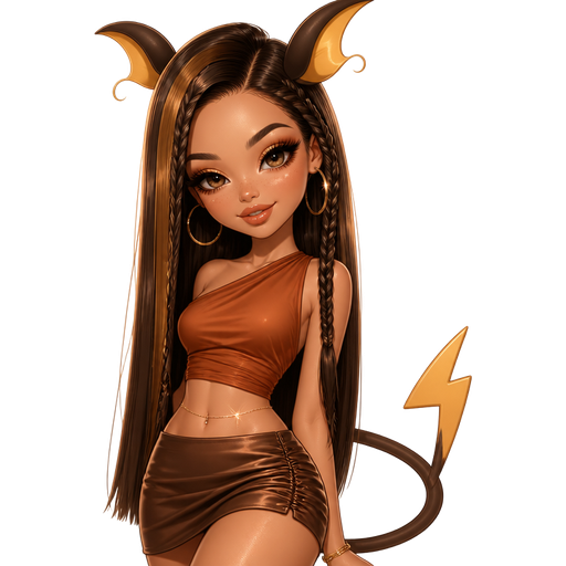 semi-realistic soft cartoon luxury glam, mini plush Bratz-doll aesthetic, cinematic glow, crisp clean detail, glossy glam skin. brown eyed Petite 5ft girl, fair skin with soft freckles, wide face with tall forehead, honey-brown almond wide-set upturned eyes, fluttery lashes, shimmer highlight, plush lips, bottom heavy lip, sweet Belle-princess vibe, long straight brunette hair with visible caramel highlights, wearing a toasted amber asymmetrical top with soft draping, a cocoa satin mini skirt with sleek ruching, chunky gold hoops, Raichu ears, a curved lightning tail, a tiny belly-chain detail shaped like a spark, hair in sleek side-part straight hair with one thick face-framing braid, makeup with bronze-gold lids, coral-bronze blush, warm contour, and a glossy honey-beige lip, posing with cheeky sweet energy and a confident smile