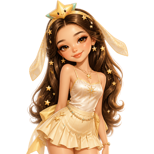 semi-realistic soft cartoon luxury glam, mini plush Bratz-doll aesthetic, cinematic glow, crisp clean detail, glossy glam skin. brown eyed Petite 5ft girl, fair skin with soft freckles, wide face with tall forehead, honey-brown almond wide-set upturned eyes, fluttery lashes, shimmer highlight, plush lips, bottom heavy lip, sweet Belle-princess vibe, long straight brunette hair with visible caramel highlights, wearing a warm buttercream satin camisole with gold star-like embellishments, a pale lemon mini skirt with soft pleats and tiny jeweled accents, gold jewelry, a star headpiece inspired by Jirachi, long wish-tag-like ribbon details, hair in glossy soft curls with tiny star clips, makeup with champagne shimmer lids, peach blush, golden highlight, and a glossy honey-pink lip, posing with magical sweet energy and a bright dreamy smile
