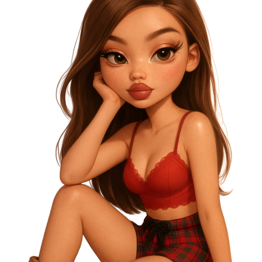 sleek cartoon luxury glam, mini plush Bratz-doll aesthetic, cinematic glow, crisp clean detail, glossy glam skin. brown eyed skinny Petite girl, fair skin with soft freckles, wide face with tall forehead, honey-brown almond wide-set upturned eyes, fluttery lashes, shimmer highlight, plush lips, bottom heavy lip, sweet Belle-princess vibe, medium-long brunette hair with visible caramel highlights, hair sleek side parted soft falling over face to one side over shoulder. softly defined feminine body, soft hourglass shape with full round bust, underwire red lace top trim spaghetti strap bralette, thin fabric red green and black gingham mini pajama shorts with black top bow, mini uggs with red bow on back. sitting, full side body view. peachy-pink blush with shimmer highlight, muted berry lips, sleek french tip almond nails. leaning bent elbow on wall pose. Cozy romantic glow, soft warm lighting, pop-princess energy