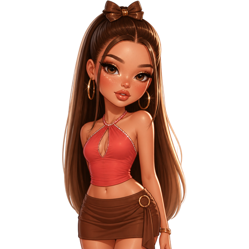 semi-realistic soft cartoon luxury glam, mini plush Bratz-doll aesthetic, cinematic glow, crisp clean detail, glossy glam skin. brown eyed Petite 5ft girl, fair skin with soft freckles, wide face with tall forehead, honey-brown almond wide-set upturned eyes, fluttery lashes, shimmer highlight, plush lips, bottom heavy lip, sweet Belle-princess vibe, long straight brunette hair with visible caramel highlights, wearing a coral-red fitted halter top with a tiny front cutout and rhinestone trim, a cocoa draped mini skirt with side ruching and gold ring hardware, chunky hoops, hair in sleek straight half-up hair finished with a bow clip, makeup with bronzed lids, warm winged liner, luminous coral blush, sunlit bronzer, and a glossy caramel-pink lip