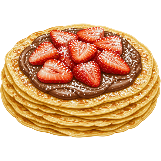 Crêpes empilées les unes sur les autres avec des fraises coupées sur le dessus avec du nutella et du sucre en poudre