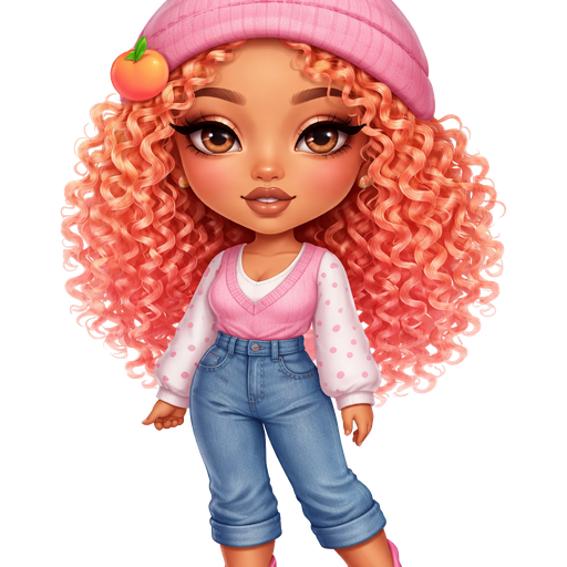 Apricot with a Warm Golden Skin Tone With Curly Apricot Orange Hair and Pink Highlights Wearing a Soft Pink Beanie and a Dark Pink Stitch Going Across it with a Apricot Clip on the Left side of it with Heavy Lower Lips, a Prominent Eyelash Style and a Matte Brown Lipstick Finish, With a HD Makeup Style Look and a Adult Petite shape and a Thin Eyebrow shape and a Protruding Eye Shape with a Triangle Shaped Face Shape and a Detached Earlobe with a Pink Shirt with a Wide V-Neck with White Long Sleeves with Pink Polka Dots and a White T-shirt where the V-Neck is located and a Big Pocket in the Middle With Blue Denim Pants and a Black Stitch Pattern at the Bottom Wearing Pink Flats in a Intense Polished Shine and Diffused Lighting along with Vivid and Distinct Features and Visual Textures in and Intense Polished Shine