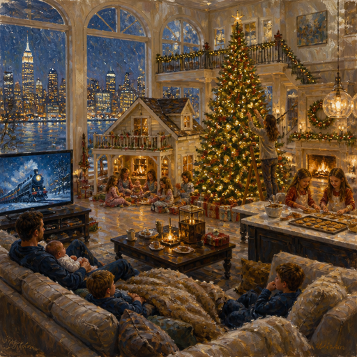 give me a mom decorating for Christmas while the five sister and the one year-old sister are playing in their big big playhouse and the two 10 year-old twin sisters are baking cookies and the six year brother is laying down the couch with a blanket over him watching the Polar express the Dad is doing the same thing while holding the baby in the toddler boys doing the same thing with no baby in it hands and their house is so so so so big with the New York City snowy view