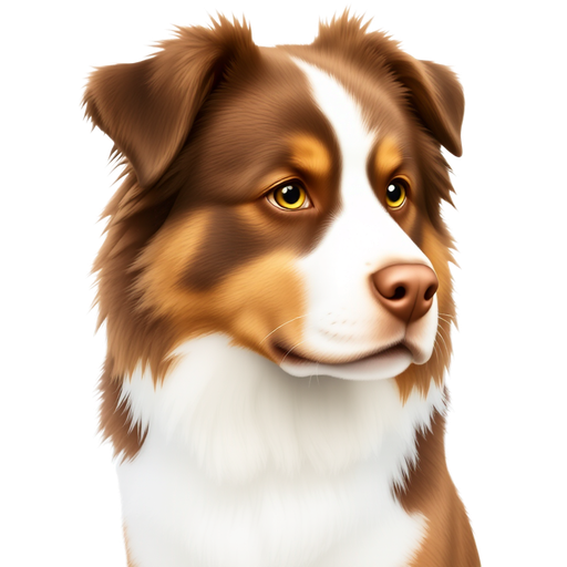 Red merle australian shepherd. Right face side caramel, left side brown. Ears brown and white merle. Legs and stomach white. Eyeballs white, right eye amber color, left eye green color.