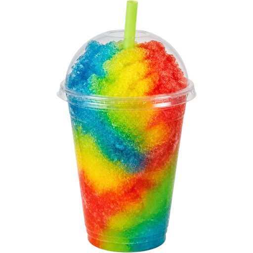 Sour Patch Kids Shaved Ice Slushie in a Plastic Cup and Plastic Dome Lid with a Straw Mixed in with Extra Syrup