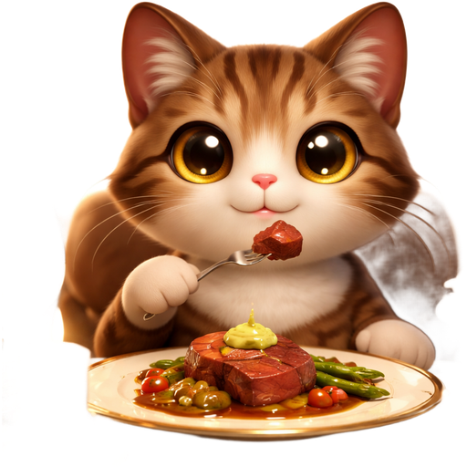 the same brown tabby with white markings, enjoying an extravagant fine-dining meal served on an elegant gold-accented plate, sitting at a luxurious table with soft candlelight and warm ambient lighting. Its big, round yellow eyes shine with satisfaction as it eats calmly, surrounded by a refined, cozy atmosphere, ultra-detailed, soft focus, high quality, cinematic lighting.