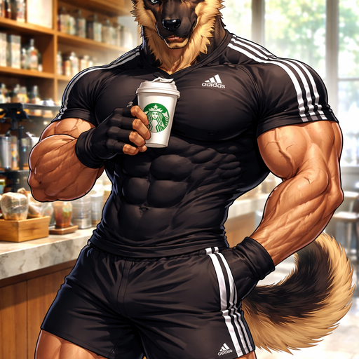 A Full BODY and FACE of a Muscular and Buff with Gigantic Pecs AND biceps. VERY Masculine and handsome Anime Bara Furry German Shepard Dog with a Very Good-looking and Mature Face and Brown eyes with a wrestler type body. In a TIGHT Adidas Athletic Shiort Shirt and Shorts. Drinking Coffee using his Chest to hold the Starbucks Coffee cup. At a Coffee shop