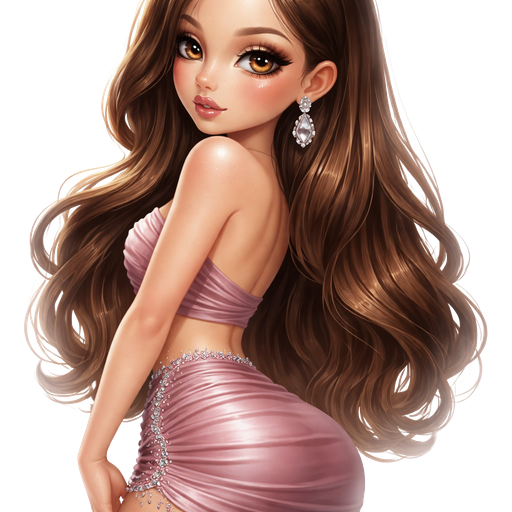 semi-realistic soft cartoon luxury glam, mini plush Bratz-doll aesthetic, cinematic glow, crisp clean detail, glossy glam skin. brown eyed Petite 5ft girl, fair skin with soft freckles, wide face with tall forehead, honey-brown almond wide-set upturned eyes, fluttery lashes, shimmer highlight, plush lips, bottom heavy lip, sweet Belle-princess vibe, long straight brunette hair with visible caramel highlights, wearing a mauve draped crop top and a dusty rose micro mini skirt with gathered ruching and rhinestone trim, crystal earrings, hair in old-Hollywood side-swept waves, makeup with rosy smoked eyes, pink champagne glow, mauve blush, and a glossy mauve lip, turned away with her back slightly arched and looking over her shoulder with a dangerous doll-like expression